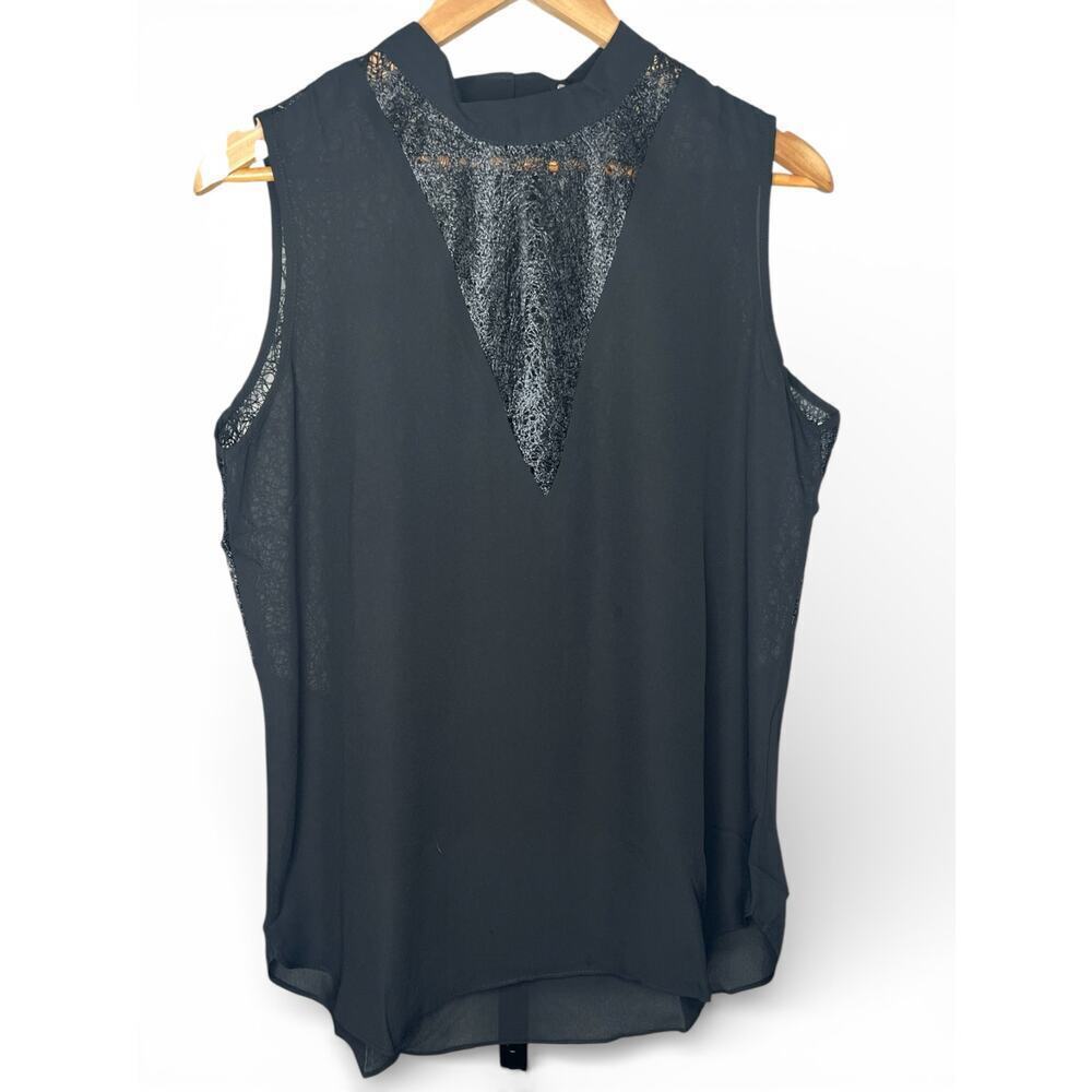 ☀️Krisa Black Mock Neck  Yoke Tank Blouse Sleeveless Top Size L NWT